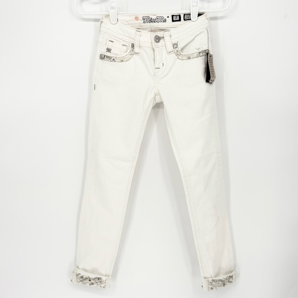 Miss Me Girl's White Cuffed Skinny Jeans with Beaded Detail